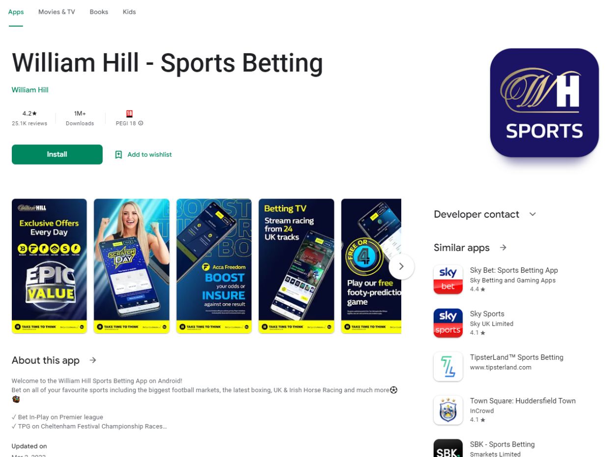 Aplikacija Android William Hill 